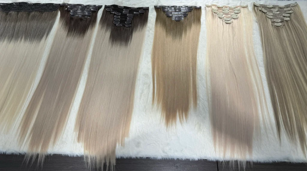 Clip-in hair sets in light blonde, rooted blonde and brown shades