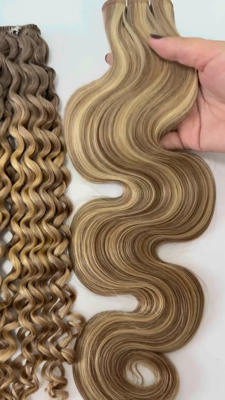 Loose waves beside tighter curls in blonde and blended shades